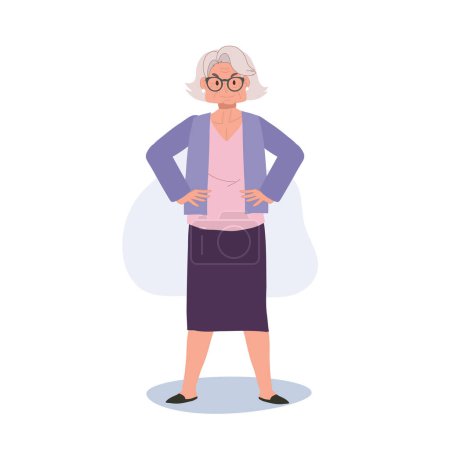 Illustration for Confident Senior Woman Standing Gracefully. Senior Woman Standing With Hands On Hips. Flat vector cartoon illustration - Royalty Free Image