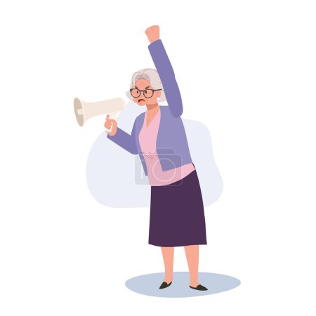 Ilustración de Mujer mayor dirigiendo una protesta apasionada con megáfono. Anciana Vocal Abuela Empoderando Protesta con Megáfono - Imagen libre de derechos