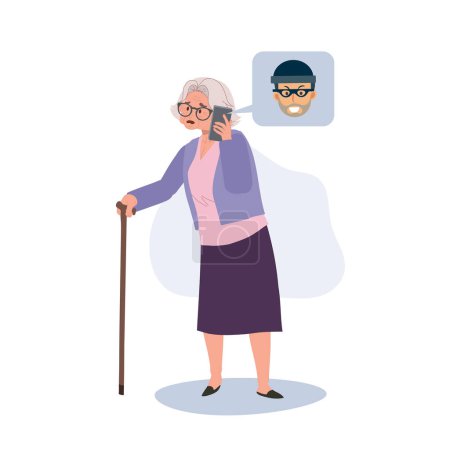 Téléchargez les illustrations : Escroc trompeur à Tricks Elderly Woman. Trickery escroc en ligne. Illustration de dessin animé vectoriel plat - en licence libre de droit