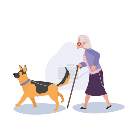 Illustration for Elderly Woman Walking with Escort Dog. Senior Lady with Cane Stick and Trusty Escort Dog. Flat vector cartoon illustration - Royalty Free Image