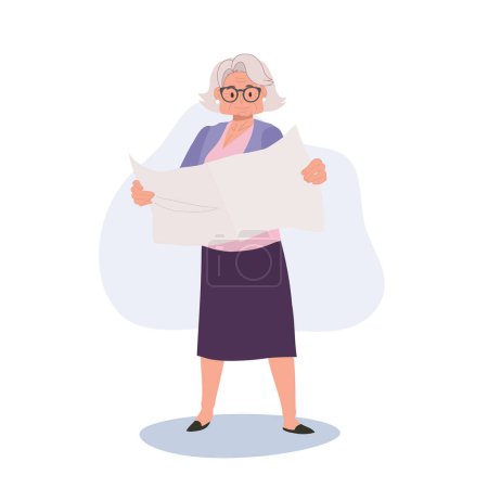 Illustration for Full length illustration of Elderly Woman Reading Newspaper. Granny Standing Engrossed in Reading Newspaper - Royalty Free Image