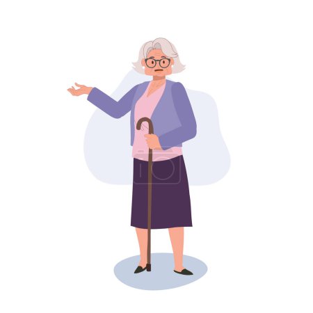 Illustration for Experienced Senior Advising. Senior Woman with cane stick is introducing , giving suggestion. Flat vector cartoon illustration - Royalty Free Image