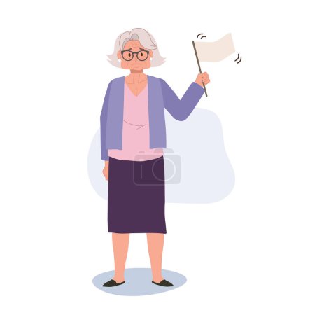Illustration for Surrendering to Life concept. Emotional Elderly Woman with White Flag in Retirement. Flat vector cartoon illustration - Royalty Free Image