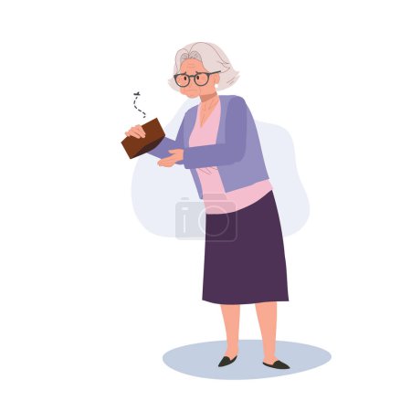 Illustration for Senior Citizen with No Savings Left and Financial Struggles. Elderly Woman Struggling with Lack of Money and Empty Pocket - Royalty Free Image