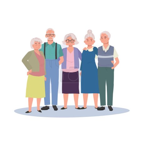 Ilustración de Felicidad jubilatoria, diversa comunidad de personas mayores abrazando la unidad - Imagen libre de derechos