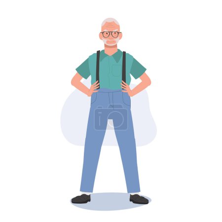Illustration for Confident Senior man Standing Gracefully. Senior man Standing With Hands On Hips. Flat vector cartoon illustration - Royalty Free Image