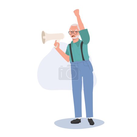 Ilustración de Anciano dirigiendo una protesta apasionada con megáfono. Anciano Vocal Abuelo Empoderando Protesta con Megáfono - Imagen libre de derechos