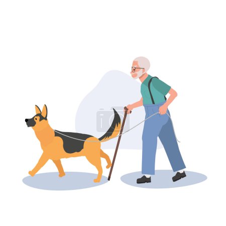 Illustration for Elderly man Walking with Escort Dog. Senior man with Cane Stick and Trusty Escort Dog. Flat vector cartoon illustration - Royalty Free Image