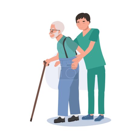 Illustration for Healthcare Concept. Elderly Grandfather Walking Assistance by Happy Male Nurse in Uniform. Flat vector cartoon illustration - Royalty Free Image