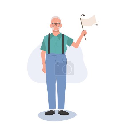 Illustration for Surrendering to Life concept. Emotional Elderly man with White Flag in Retirement. Flat vector cartoon illustration - Royalty Free Image