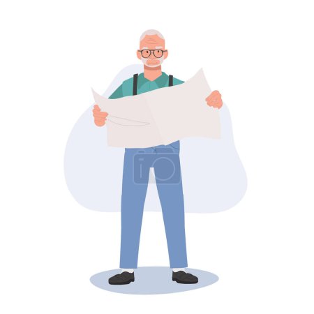 Illustration for Full length illustration of Elderly man Reading Newspaper. Grandpa Standing Engrossed in Reading Newspaper - Royalty Free Image