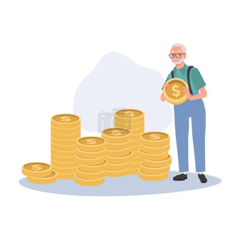 Illustration for Finance and Investment Concept. Elderly man Creating a Coin Stack for Savings and Retirement - Royalty Free Image