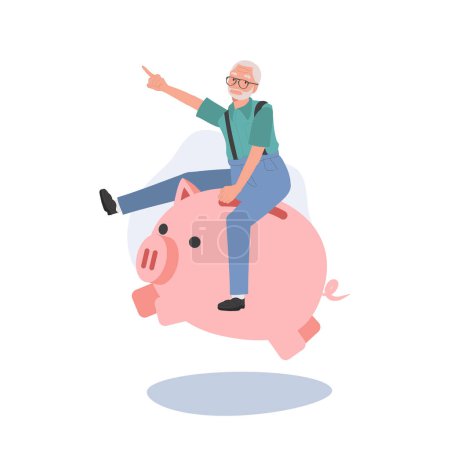 Financial Freedom concept. Joyful Elderly man Riding Piggy Bank. Flat vector cartoon illustration