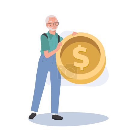 Symbole du concept de richesse et d'épargne-retraite. Homme âgé tenant une grosse pièce d'or. Illustration de dessin animé vectoriel plat