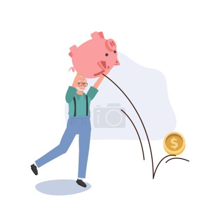 Illustration for Financial Stress Concept. Sad Elderly man Pouring Money from Piggy Bank. Worrying Senior Citizen and Financial Troubles - Royalty Free Image