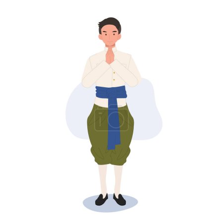 Illustration for Cultural Diversity concept. Thai Man in Traditional Dress Offering Sawasdee Greeting. Sawasdee Greeting in Thai Tradition. - Royalty Free Image