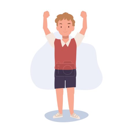 Téléchargez les illustrations : Happy Boy Célébration de la victoire avec la main levée. Joyful Child Achieving Success. Un geste gagnant. - en licence libre de droit