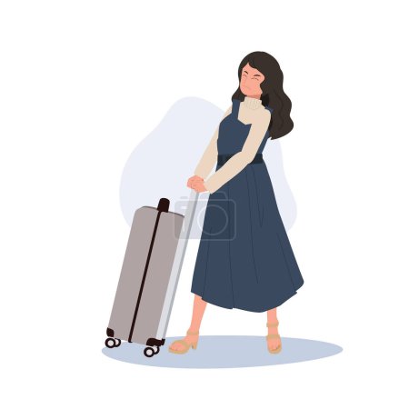 woman Traveler Struggling with Heavy Luggage. Woman Pushing Heavy Suitcase.