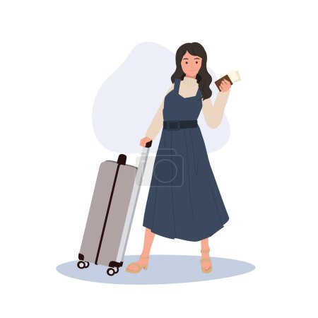Illustration for Vacation concept. Traveling Woman with Luggage, Passport, and Boarding Pass. - Royalty Free Image