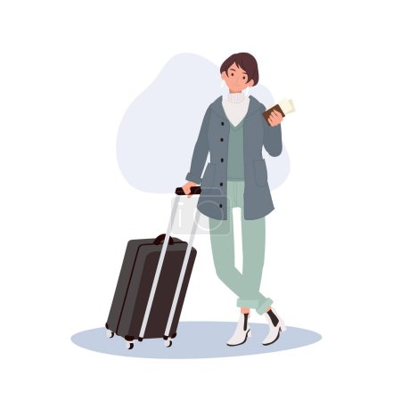 Illustration for Vacation concept. Traveling Woman with Luggage, Passport, and Boarding Pass. - Royalty Free Image