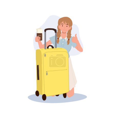 Illustration for Vacation concept. Traveling Woman with Luggage, Passport, and Boarding Pass is making thumb up. - Royalty Free Image