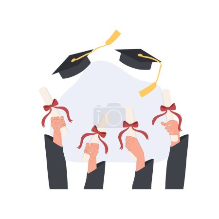 Illustration for Graduates hands throwing graduation hats. - Royalty Free Image