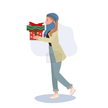 Festliches Weihnachtseinkaufen. Fröhliche Frau in Wintermode beim Weihnachtseinkauf mit Geschenkbox