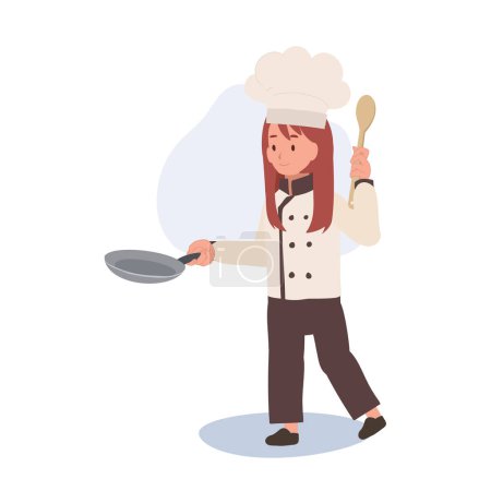 Illustration for Child Chef Prepares a Delicious Meal. Kid Chef Cooking with Frying Pan - Royalty Free Image