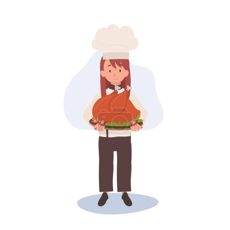 Illustration for Young Chef in Chef Hat and Apron is Serving Whole Roasted Turkey. - Royalty Free Image
