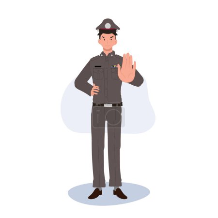 Téléchargez les illustrations : Police thaïlandaise avec STOP Hand Sign. Symbole de contrôle du trafic - en licence libre de droit