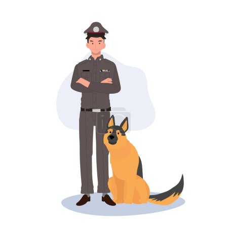 Ilustración de Oficial de policía tailandés y compañero canino. Oficial de policía tailandés y perro de policía pastor alemán - Imagen libre de derechos