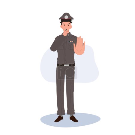 Illustration for Crime Prevention and Safety Concept. Thai Police Officer in Uniform is Bowling Whistle and doing Stop Hand Sign - Royalty Free Image