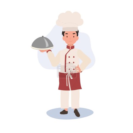 Téléchargez les illustrations : Happy Young Chef Préparation de repas savoureux. Jeune chef enfant servant de la nourriture - en licence libre de droit