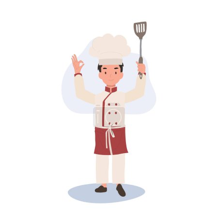 Illustration for Young Chef Showing OK Sign. Happy Chef Doing OK Hand Sign and holding flipper in other hand. - Royalty Free Image