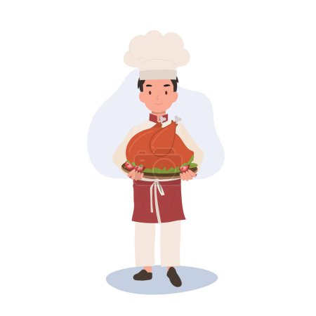 Illustration for Young Chef in Chef Hat and Apron is Serving Whole Roasted Turkey. - Royalty Free Image