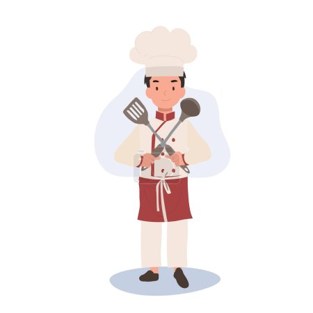 Téléchargez les illustrations : Jeune Culinaire Pro Holding Flipper et Dipper. Chef confiant avec les bras croisés - en licence libre de droit