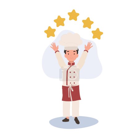 Illustration for Kid Chef with 5 Stars. Young Gourmet Chef Celebrating 5-Star Review - Royalty Free Image