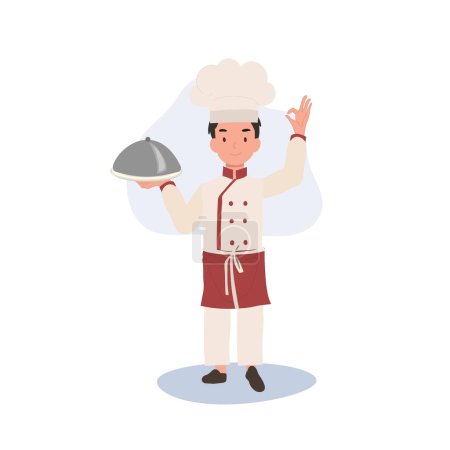Téléchargez les illustrations : Adorable enfant chef dans le chapeau de chef faisant OK signe de main. Illustration de dessin animé vectoriel plat - en licence libre de droit
