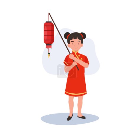 Téléchargez les illustrations : Souriant Joyeux petit enfant mignon en tenue traditionnelle chinoise et lanterne rouge - en licence libre de droit