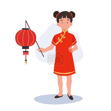 Téléchargez les illustrations : Souriant Joyeux petit enfant mignon en tenue traditionnelle chinoise et lanterne rouge - en licence libre de droit