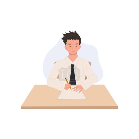 Illustration for Thai University Student in Uniform Taking Exam, Concentrated Asian Education - Royalty Free Image