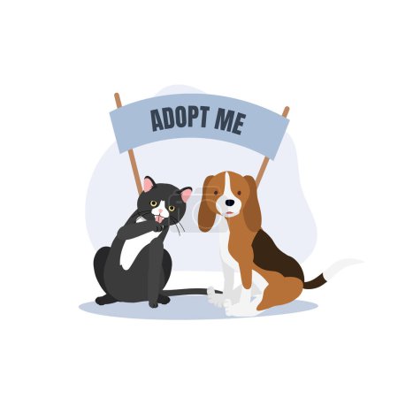 Téléchargez les illustrations : Chats et chiens mignons prêts pour l'adoption. Chats et chiens de sauvetage à la recherche de maisons éternelles avec signes d'adoption - en licence libre de droit