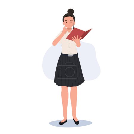 Illustration for Thai University Student in Uniform Curiously Reading a Book - Royalty Free Image