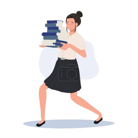 Illustration for Thai University Student in Uniform is Struggling with  Heavy Books - Royalty Free Image