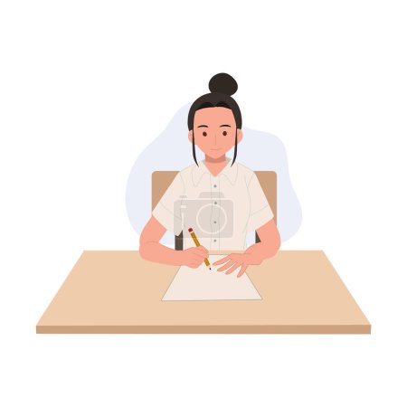 Illustration for Thai University Student in Uniform Taking Exam, Concentrated Asian Education - Royalty Free Image