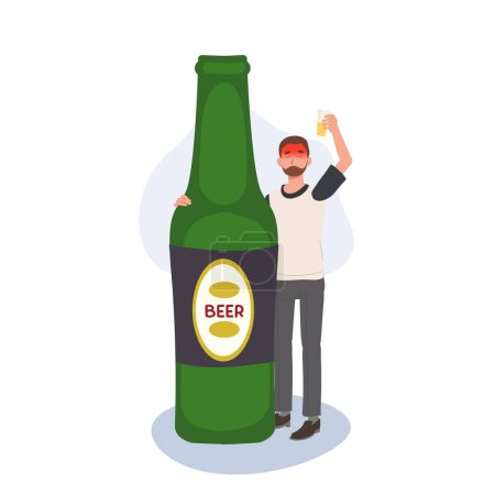 Illustration for Drunk Man with glass of beer and big beer bottle. Drunkard concept. - Royalty Free Image
