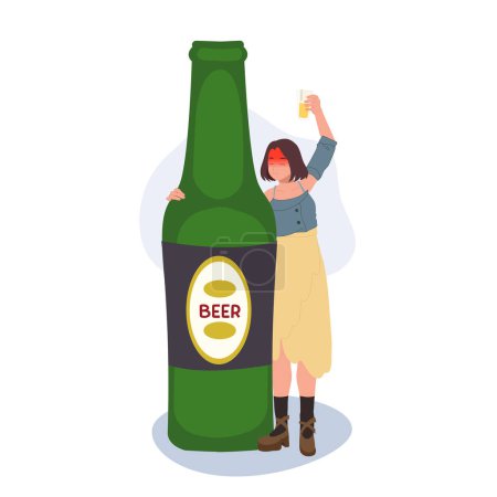 Illustration for Drunk woman with glass of beer and big beer bottle. Drunkard concept. - Royalty Free Image