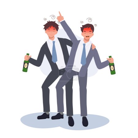 Téléchargez les illustrations : Deux hommes d'affaires ivres tenant une bouteille de bière. L'alcoolisme dans la vie d'entreprise concept. - en licence libre de droit