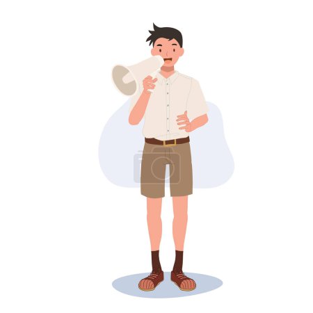 Téléchargez les illustrations : Étudiant thaïlandais en uniforme autonomisant la voix avec mégaphone. Utilisation du mégaphone pour une annonce confiante - en licence libre de droit