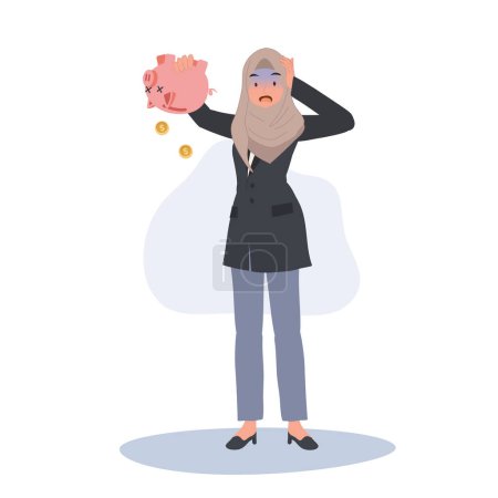 Ilustración de Concepto de crisis financiera y pobreza. Mujer musulmana rota con hucha vacía - Imagen libre de derechos